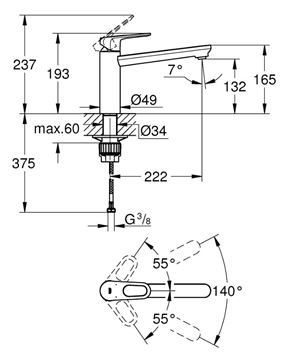 GROHE BAUFLOW drezová batéria, chróm 31688000 Technický nákres