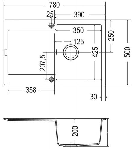 FRANKE MARIS MRG 611 fragranitový drez 780x500mm, otočný, odkvapkávač, biela ľad 114.0284.832 Technický nákres