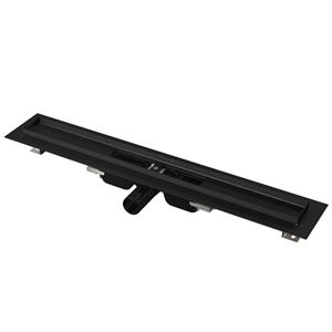 ALCA APZ101BLACK LOW sprchový žľab 650 mm, do priestoru aj k stene, bočný odtok DN 40, bez roštu, PP/nerez oceľ, čierna matná