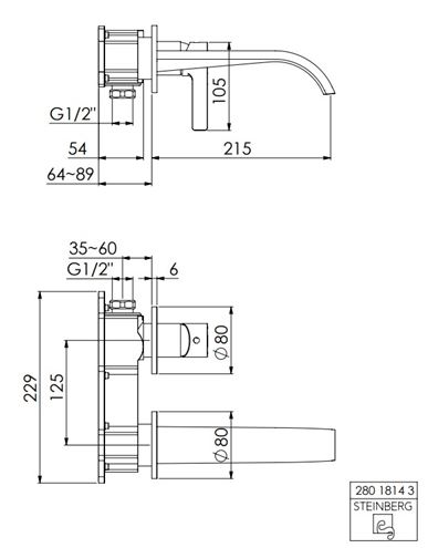 STEINBERG 280 umývadlová podomietková batéria, chróm 280 1814 3 Technický nákres
