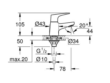 GROHE BAUFLOW umývadlová stojanková batéria, chróm 20575000 Technický nákres