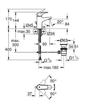 GROHE BAUFLOW umývadlová stojanková batéria, s odtokovou súpravou, chróm 23801000 Technický nákres