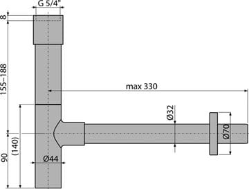 ALCA dizajnový sifón k umývadlu DN32, s prevlečnou maticou 5/4, chróm A402 Technický nákres