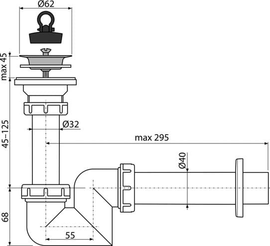 ALCA sifón k umývadlu DN40, s výpustom A412-DN40 Technický nákres