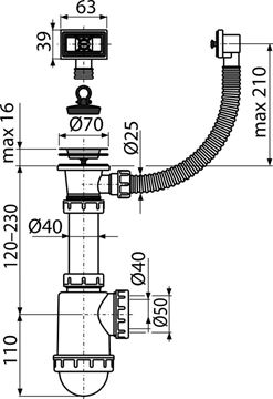 ALCA A444 drezový sifón DN40/50, s výpustom a prepadom A444-DN50/40 Technický nákres