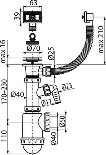 ALCA A444P drezový sifón DN40/50, s prípojkou, výpustom a prepadom A444P-DN50/40 Technický nákres