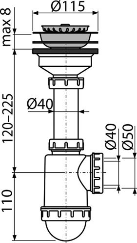 ALCA A446 drezový sifón DN40/50, s výpustom A446-DN50/40 Technický nákres