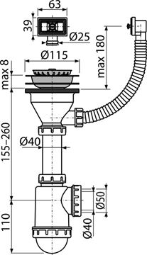 ALCA A447 drezový sifón DN40/50, s výpustom a prepadom A447-DN50/40 Technický nákres