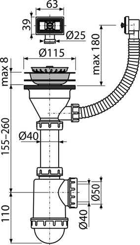 ALCA A447 drezový sifón DN40/50, s výpustom a prepadom A447-DN50/40 Technický nákres