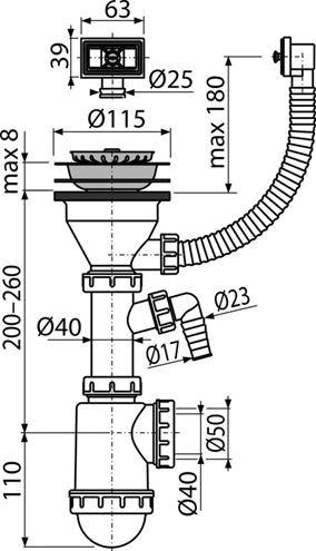 ALCA A447P drezový sifón DN40/50, s prípojkou, výpustom a prepadom A447P-DN50/40 Technický nákres