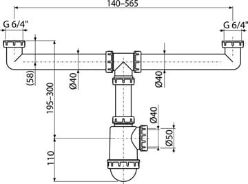 ALCA A448 drezový sifón DN40/50, dvojitý, s prevlečnými maticami 6/4 A448-DN50/40 Technický nákres