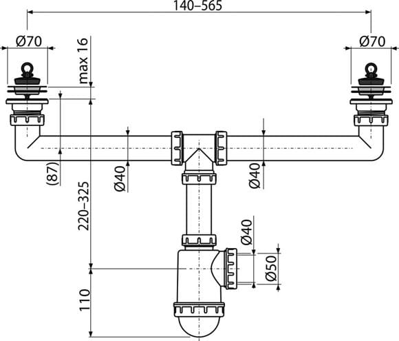 ALCA A449 drezový sifón DN40/50, dvojitý, s prevlečnými maticami 6/4 as výpustami A449-DN50/40 Technický nákres