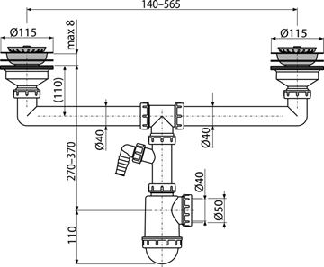ALCA A453P drezový sifón DN40/50, dvojitý, s prípojkou a dvoma výpustami A453P Technický nákres