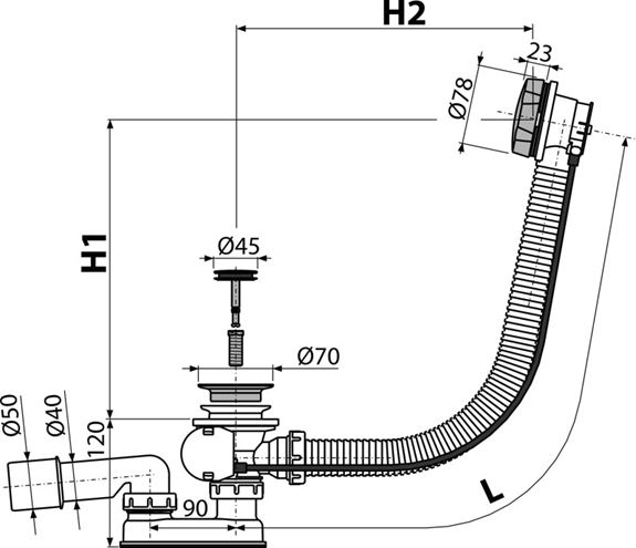 ALCA vaňový sifón 80 cm, bovden, bronz antic A55ANTIC-80 Technický nákres