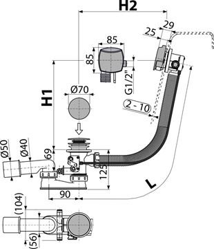 ALCA vaňový sifón 57 cm, s napúšťaním prepadom, bovden, chróm A566-273133-57 Technický nákres