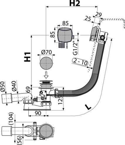 ALCA vaňový sifón 57 cm, s napúšťaním prepadom, bovden, chróm A566-273133-57 Technický nákres