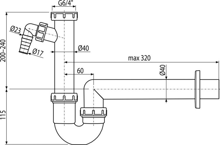 ALCA A81 drezový sifón DN40, s prípojkou a prevlečnou maticou 6/4 A81-DN40 Technický nákres