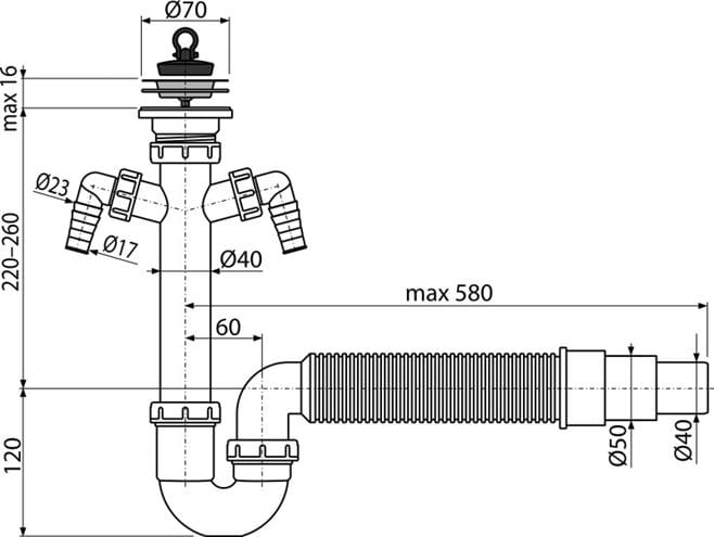 ALCA A840 drezový sifón DN50/40, s dvoma prípojkami a výpustom A840-DN50/40 Technický nákres