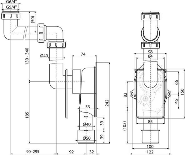 ALCA A873 podomietkový drezový sifón DN40/50, s prevlečnou maticou 6/4 A873 Technický nákres