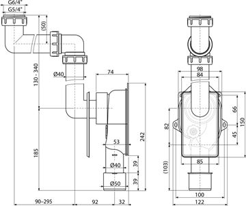 ALCA A873 podomietkový drezový sifón DN40/50, s prevlečnou maticou 6/4 A873 Technický nákres