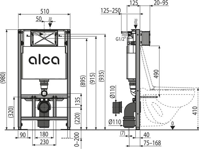 ALCA SADROMODUL montážny prvok pre WC 98 cm, so splachovacou nádržkou AM101/1000 Technický nákres