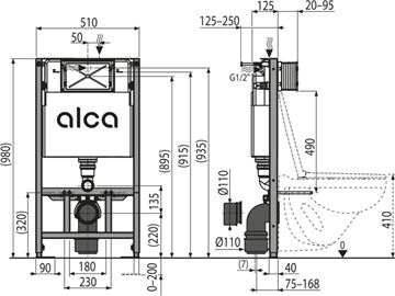 ALCA SADROMODUL montážny prvok pre WC 98 cm, so splachovacou nádržkou AM101/1000 Technický nákres