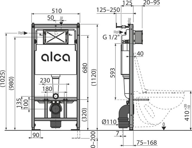 ALCA SADROMODUL montážny prvok pre WC 112 cm, so splachovacou nádržkou AM101/1120 Technický nákres