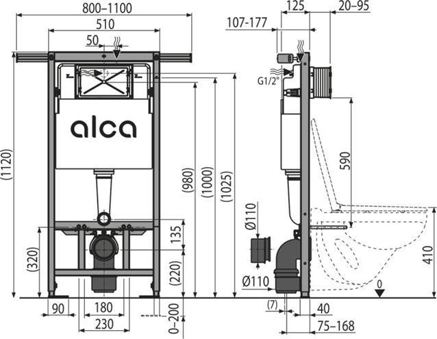 ALCA JADROMODUL montážny prvok pre WC 112 cm, so splachovacou nádržkou AM102/1120 Technický nákres