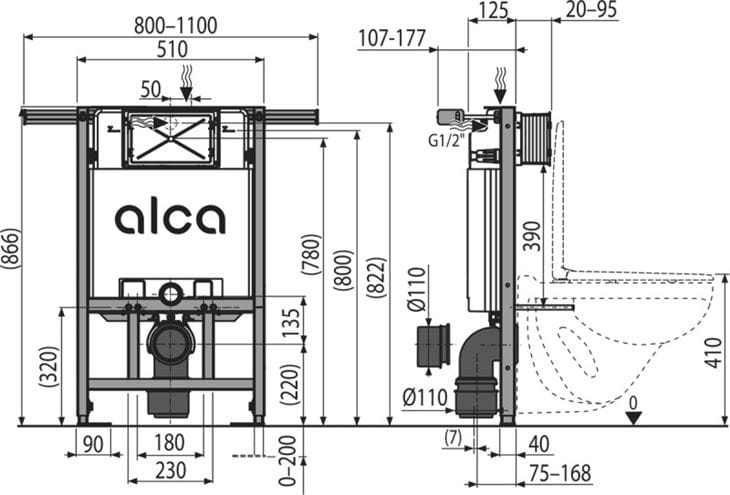 ALCA JADROMODUL montážny prvok pre WC 86,6 cm, so splachovacou nádržkou AM102/850 Technický nákres
