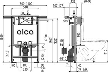 ALCA JADROMODUL montážny prvok pre WC 86,6 cm, so splachovacou nádržkou AM102/850 Technický nákres