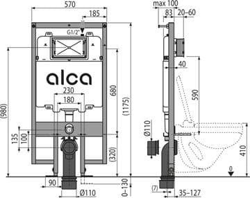 ALCA SADROMODUL SLIM montážny prvok pre WC 117,5 cm, so splachovacou nádržkou AM1101/1200 Technický nákres