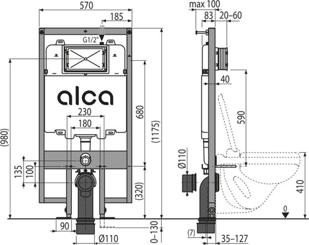 ALCA SADROMODUL SLIM montážny prvok pre WC 117,5 cm, so splachovacou nádržkou AM1101/1200 Technický nákres