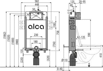 ALCA RENOVMODUL montážny prvok pre WC 102 cm, so splachovacou nádržkou AM115/1000 Technický nákres