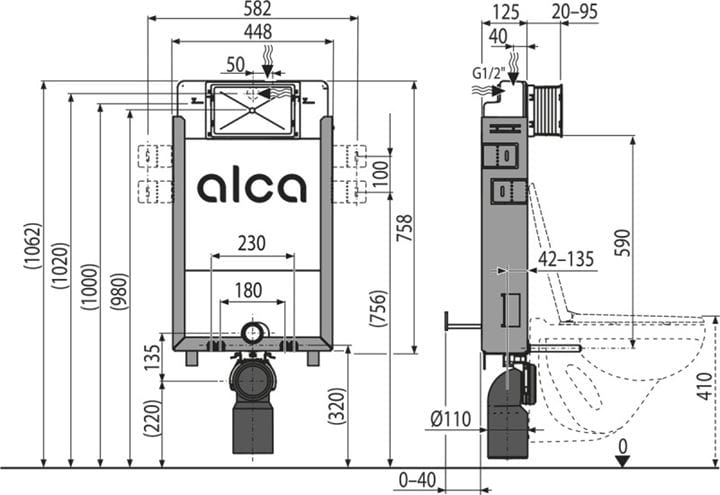 ALCA RENOVMODUL montážny prvok pre WC 102 cm, so splachovacou nádržkou AM115/1000 Technický nákres