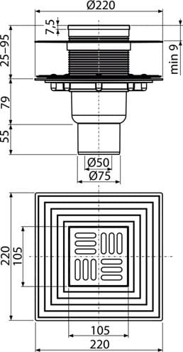 ALCA podlahový vpust 50/75 mm, zvislý odpad, nerez APV2324 Technický nákres