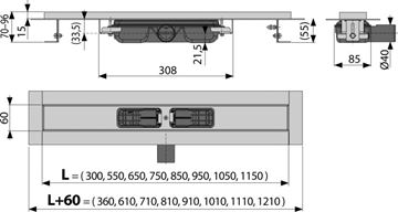 ALCA APZ101 LOW sprchový žľab 550 mm, do priestoru aj k stene, bočný odtok DN 40, bez roštu, PP/nerez oceľ APZ101-550 Technický nákres