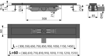 ALCA APZ101BLACK LOW sprchový žľab 750 mm, do priestoru aj k stene, bočný odtok DN 40, bez roštu, PP/nerez oceľ, čierna matná APZ101BLACK-750 Technický nákres
