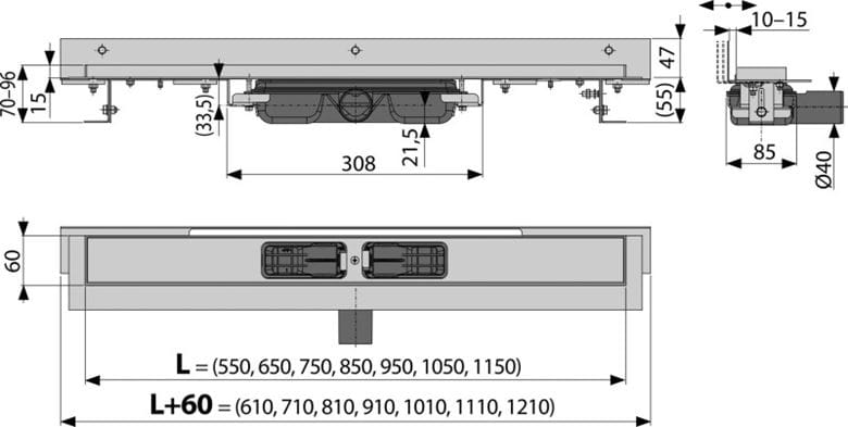 ALCA APZ104 FLEXIBLE LOW sprchový žľab 550 mm, k stene, bočný odtok DN 40, bez roštu, PP/nerez oceľ APZ104-550 Technický nákres