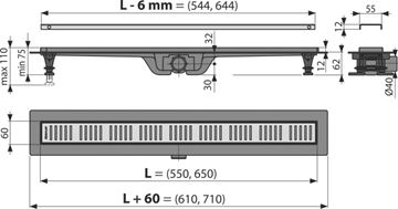 ALCA APZ10 sprchový žľab 650 mm, do priestoru aj k stene, bočný odtok DN 40, rošt SIMPLE 10, PP/nerez oceľ APZ10-650M Technický nákres