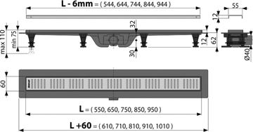 ALCA APZ10 sprchový žľab 850 mm, do priestoru aj k stene, bočný odtok DN 40, rošt SIMPLE 10, PP/nerez oceľ APZ10-850M Technický nákres
