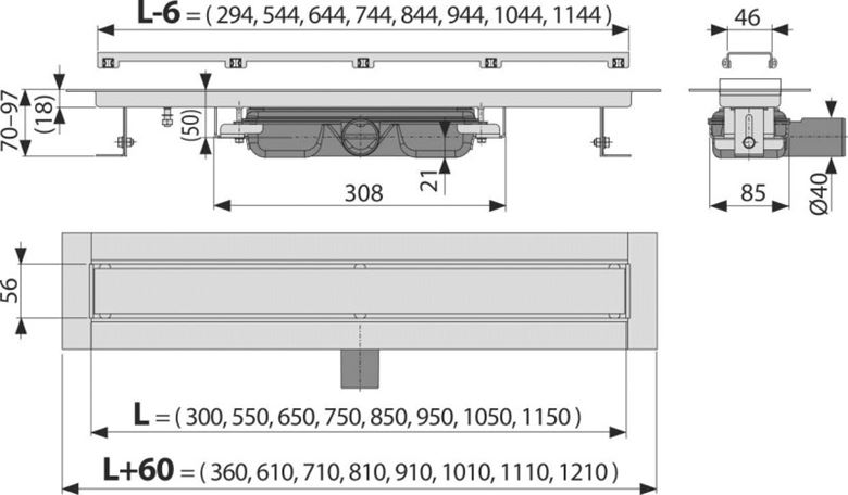 ALCA APZ115 MARBLE LOW sprchový žľab 550 mm, do priestoru aj k stene, bočný odtok DN 40, rošt na vloženie dlažby, PP/nerez oceľ APZ115-550 Technický nákres
