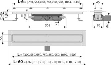 ALCA APZ115 MARBLE LOW sprchový žľab 750 mm, do priestoru aj k stene, bočný odtok DN 40, rošt na vloženie dlažby, PP/nerez oceľ APZ115-750 Technický nákres