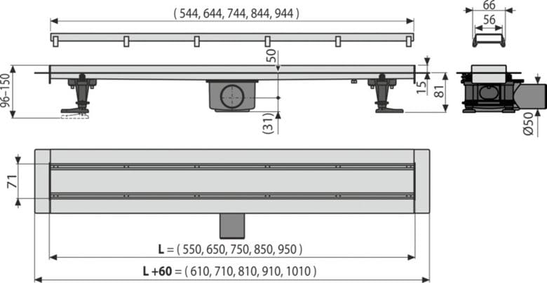 ALCA APZ13-DOUBLE9 FIT AND GO sprchový žľab 750 mm, do priestoru aj k stene, bočný odtok DN 50, rošt na vloženie dlažby DOUBLE, nerez oceľ APZ13-DOUBLE9-750 Technický nákres