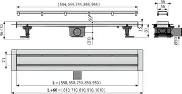 ALCA APZ13-DOUBLE9 FIT AND GO sprchový žľab 850 mm, do priestoru aj k stene, bočný odtok DN 50, rošt na vloženie dlažby DOUBLE, nerez oceľ APZ13-DOUBLE9-850 Technický nákres
