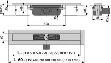 ALCA APZ1 sprchový žľab 550 mm, do priestoru aj k stene, bočný odtok DN 50, bez roštu, PP/nerez oceľ APZ1-550 Technický nákres