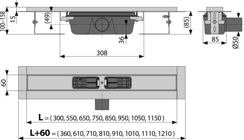 ALCA APZ1 sprchový žľab 550 mm, do priestoru aj k stene, bočný odtok DN 50, bez roštu, PP/nerez oceľ APZ1-550 Technický nákres