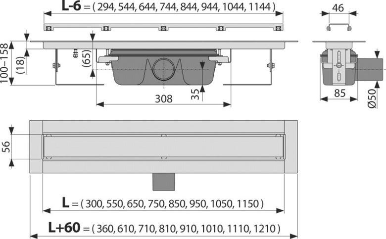 ALCA APZ15 MARBLE sprchový žľab 550 mm, do priestoru aj k stene, bočný odtok DN 50, rošt na vloženie dlažby, PP/nerez oceľ APZ15-550 Technický nákres
