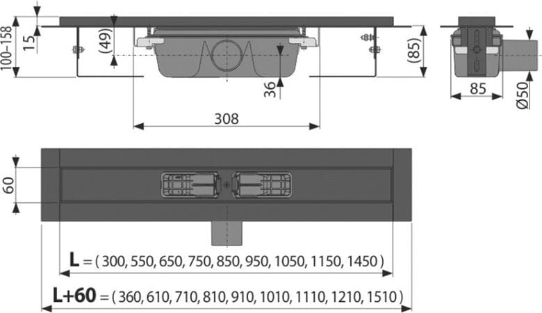 ALCA APZ1BLACK sprchový žľab 850 mm, do priestoru aj k stene, bočný odtok DN 50, bez roštu, PP/nerez oceľ, čierna matná APZ1BLACK-850 Technický nákres