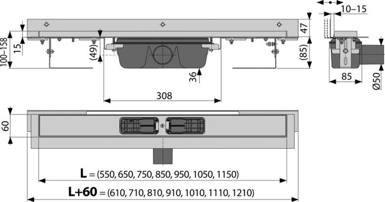 ALCA APZ4 FLEXIBLE sprchový žľab 550 mm, k stene, bočný odtok DN 50, bez roštu, PP/nerez oceľ APZ4-550 Technický nákres