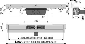 ALCA APZ4 FLEXIBLE sprchový žľab 550 mm, k stene, bočný odtok DN 50, bez roštu, PP/nerez oceľ APZ4-550 Technický nákres